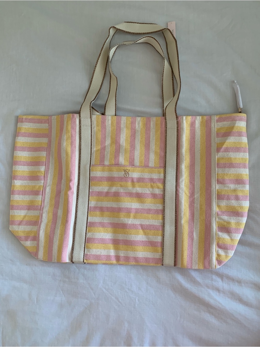 Victoria's Secret Canvas Stripe Tote Bag NWT Pink Yellow Gold Zip Large Beach